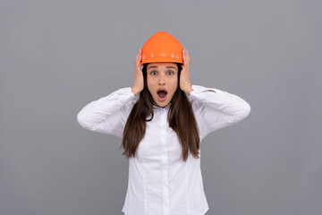 safety business. labor day. shocked woman worker in shirt. quality inspector.