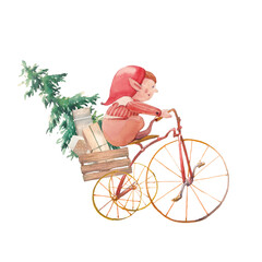 Christmas gnome on retro bicycle. Presents delivery illustration. Christmas tree and gifts isolated on white background