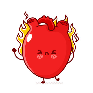 Cute funny sad human heart organ burn in flame. Vector flat line doodle cartoon kawaii character illustration. Isolated on white background. Human heart organ, burn cartoon mascot character concept