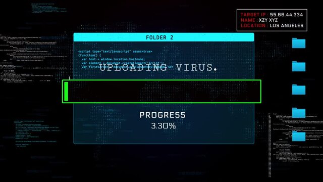 Data transfer Progress Warning Message transfer Complete Alert on Screen. Hackers stealing encrypted data, spoofing attack, system breach, cyber crime. Elaborated hacking attack on screen