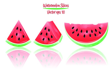 Realistic and 3D Different Watermelon Slices Vector Design Elements. Fresh watermelon slices set. Isolated on white background. Vector Juicy Watermelon Slices With Reflection Summer Food illustrations