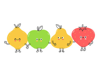 Cute funny lemon,strawberry,pear,apple fruits. Vector hand drawn cartoon kawaii doodle character illustration icon. Lemon,strawberry,pear,apple cartoon character concept. Isolated on white background