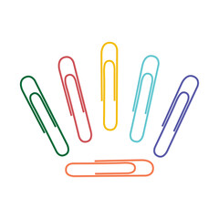 The image of paper clips of various colors. Colored paper clips for stapling paper and other stationery items. School stationery. Vector illustration isolated on a white background