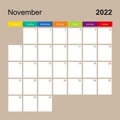 Сalendar page for November 2022, wall planner with colorful design. Week starts on Monday.