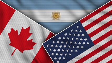 Argentina United States of America Canada Flags Together Fabric Texture Effect Illustration