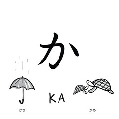 Japanese alphabets illustration Hand drawn sketch drawing. Japanese letter of Ka Vector illustration of calligraphy Hiragana word with example. Graphic design elements. Isolated objects for education.