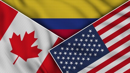 Fototapeta premium Colombia United States of America Canada Flags Together Fabric Texture Effect Illustration