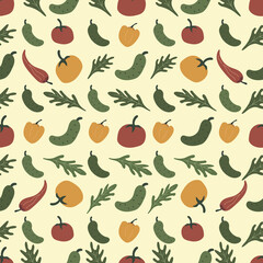 Seamless pattern with vegetables. Fresh organic vegetable in hand drawn style vector. Harvesting season for natural products. Cucumber and tomato, arugula and pepper. Print for fabric, paper