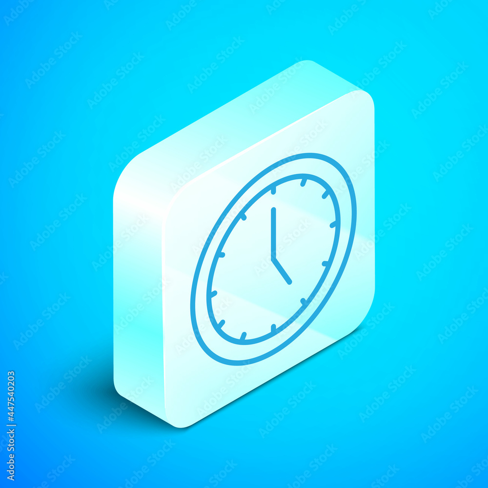 Poster Isometric line Clock icon isolated on blue background. Time symbol. Silver square button. Vector