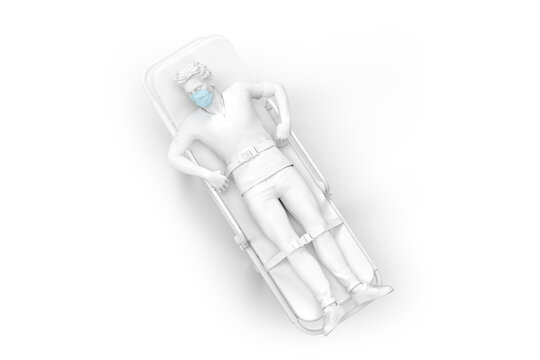 Overhead View Of A Patient In Medical Mask On An Ambulance Stretcher. 3D Illustration. Isolated On White