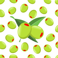 Green olives stuffed with bell peppers. Isolated on white. Pickled olives vector seamless pattern. Pickled olives on white background. Illustration of olive fruits. Pepper stuffed olives illustration.