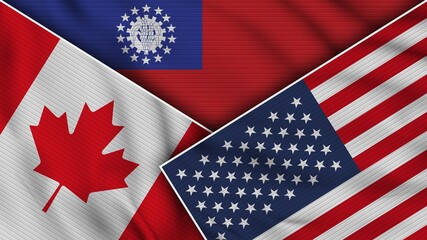 Myanmar Burma United States of America Canada Flags Together Fabric Texture Effect Illustration