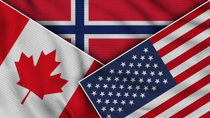 Norway United States of America Canada Flags Together Fabric Texture Effect Illustration