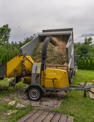 wood chipper at the arborist's dump truck performing chip branching