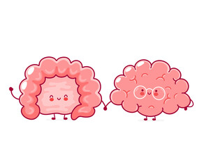 Cute funny happy human intestine and brain organs. Vector hand drawn cartoon kawaii character illustration icon. Isolated on white background. Brain and intestine cartoon doodle character concept