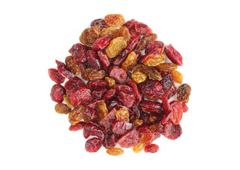 Mixture of raisins and dried candied cranberries isolated on white background