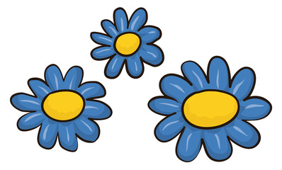 Flowers with blue petals and yellow discs in cartoon style, Vector illustration