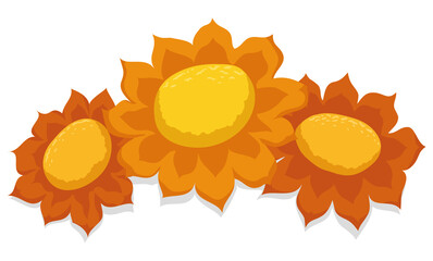 Three flowers with orange petals and yellow center, Vector illustration