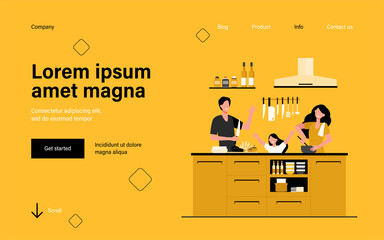 Happy mother, father and daughter cooking together isolated flat vector illustration. Cartoon family preparing food at kitchen. Happiness and food culture concept