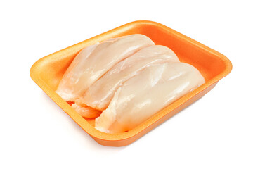 Raw chicken breast fillet in orange styrofoam package isolated on white background