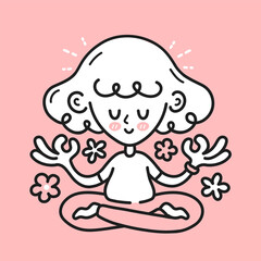 Cute meditating woman girl with happy brain inside. Vector cartoon character illustration icon. Isolated on white backgound. Girl, woman in mental harmony, meditation, mindfulness concept