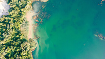 Aerial top down view of beautiful green waters of lake. aerial view over the lakes