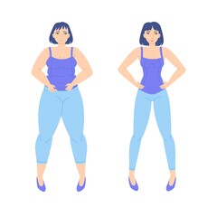 weight loss concept. Before and after slimming. Stock vector character design for for web, banner, infographic.