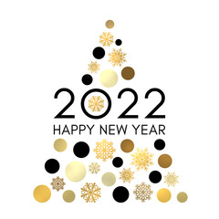 Happy New Year 2022 greeting card design. Abstract Christmas tree with gold and black circles snowflakes isolated on white background. Shining New Year postcard invitation. Golden vector illustration.