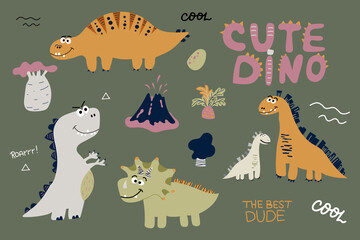 Hand drawn Cute dinosaurs doodles set scandinavian style. Funny dinos, palm, and volcano. Hand drawn childrens illustration for fashion clothes, shirt, fabric, wall poster. Vector illustration © Kate