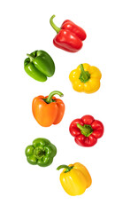 Falling peppers isolated on a white background. Flying colorful bell pepper pattern. Design for packaging. Vegetable fly.