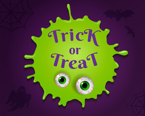 Trick or treat banner with quick-sighted green blot monster on violet background with bats, web and spooky. Vector elements for halloween web banner, flyer, cards and poster design.