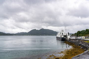 the ferry at the landing in the harbor of Halsa on the Helgeland coast of Norway