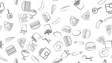 Naklejka premium Black and white endless seamless pattern of food and snack items icons set for restaurant bar cafe: burger, nuts, egg, sausage, ice cream, pizza, burrito, candy, tea. The background