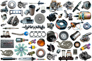 Auto spare parts car on the white background. Set with many isolated items for shop or aftermarket.