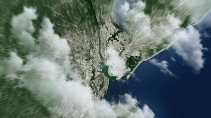 Zooming on New York, US. Earth zoom in from outer space to city. The animation continues by zoom out through clouds and atmosphere into space. View of the Earth at night. Images from NASA. 4K - Powered by Adobe
