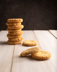Homemade crunchy cookies on white wooden rustic table