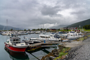 Fototapeta na wymiar the harbor and sports marina at Nesna on the Helgeland coast of Norway