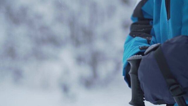 Professional skier in warm gloves fixes black poles in hands standing at start in white winter forest slow motion close view