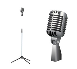 Microphones. Music studio miscellaneous equipment microphone vector realistic photographs of vintage style microphones isolated.