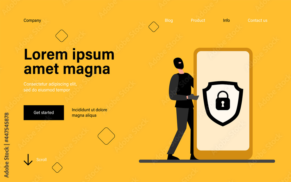 Poster data protection on mobile phone. hacker stealing personal data flat vector illustration. hacking, fr