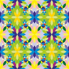 Art poster with a kaleidoscope pattern. Different geometric figures background. Modern geometric banner template, psychedelic art seamless pattern.
