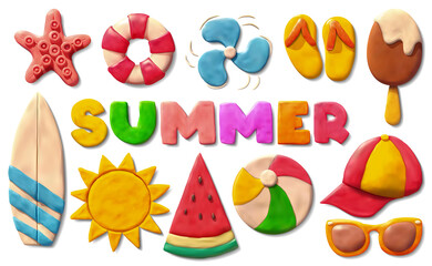 Realistic Detailed 3d Plasticine Summer Objects Set. Vector