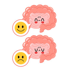 Cute funny intestine organ with sad and happy face in speech bubble character. Vector hand drawn cartoon kawaii character illustration icon. Isolated on white background. Healthy,unhealthy intestine