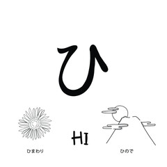 Obraz premium Japanese alphabets illustration Hand drawn sketch drawing. Japanese letter of Hi Vector illustration of calligraphy Hiragana word with example. Graphic design elements. Isolated objects for education