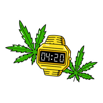 4:20 time on gold electronic watch and weed cannabis leafs. Vector cartoon illustration design. Isolated on white background. 420 watch, weed, cannabis, green leafs print for t-shirt, poster concept