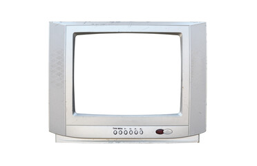 Old silver TV isolated on white background. Retro technology concept.  Blank screen for text.Vintage TVs 1980s 1990s 2000s.  - obrazy, fototapety, plakaty