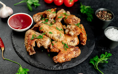 grilled chicken wings on stone background