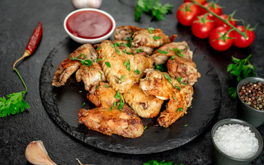 grilled chicken wings on stone background