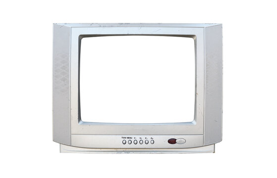 Old silver TV isolated on white background. Retro technology concept.  Blank screen for text.Vintage TVs 1980s 1990s 2000s. 