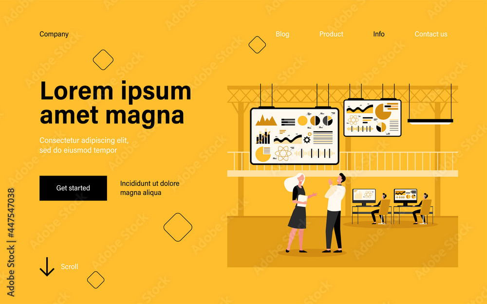 Poster business people working in control center with big screens flat vector illustration. cartoon enginee